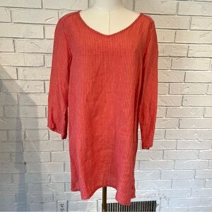 Flax 100% Linen Coral Pink Striped Tunic Top Womens S